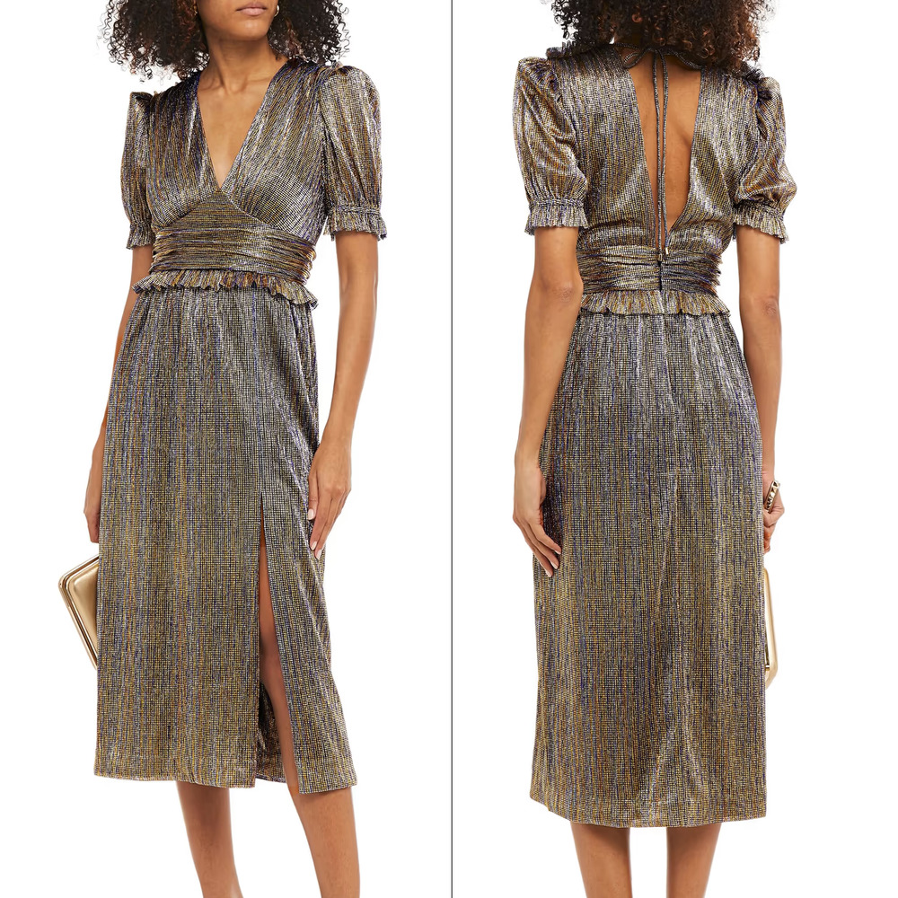 Rebecca Vallance | Luna Ruffle-Trimmed Plissé Lamé Midi Dress in Gold